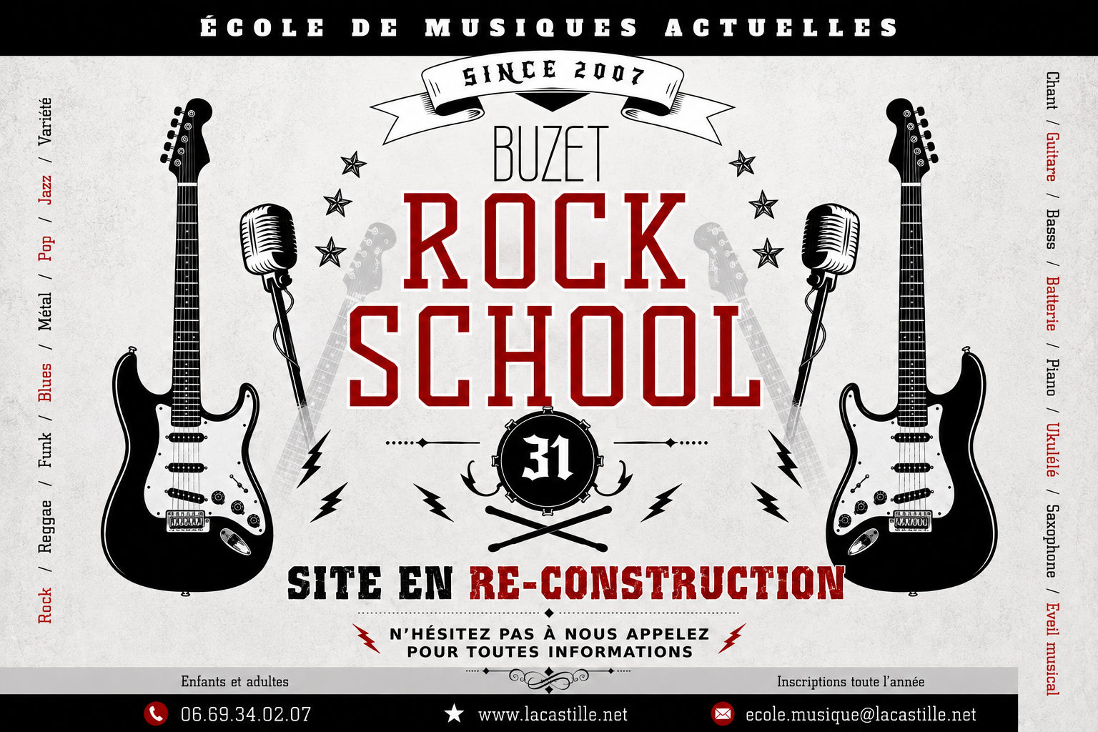 Buzet Rock School, école de musiques actuelles : cours de guitare, basse, batterie, piano, chant et chorale, avec un apprentissage centré sur la pratique.